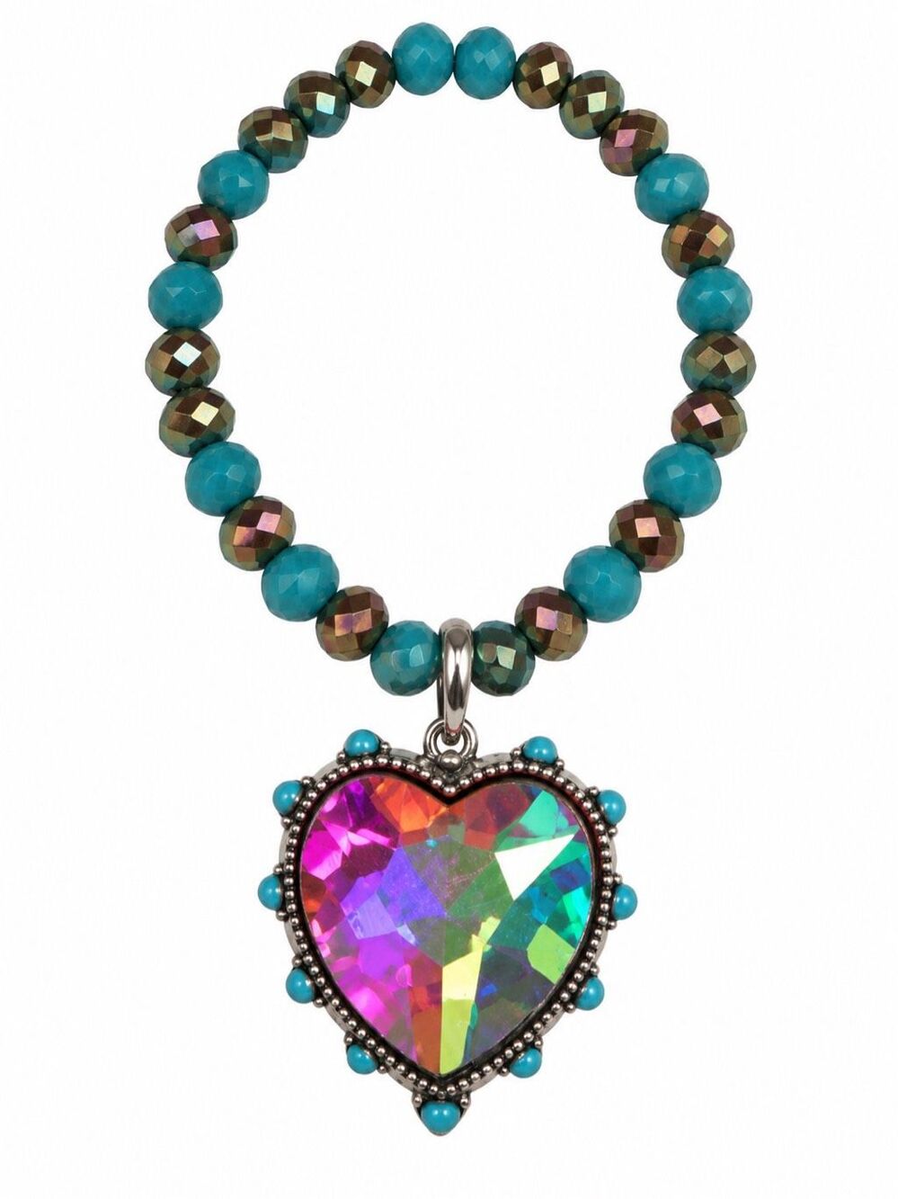 Turquoise Iridescent Beaded Stretch Bracelet Multicolor Crystal Heart Pendant